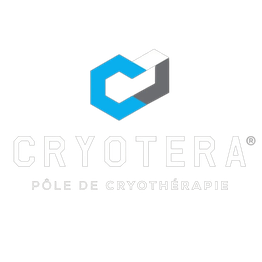 Logo Cryotera avec un emblème bleu et gris, texte blanc sur fond noir: "Pôle de Cryothérapie".