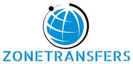 Logo mit blau-weißem Globus und schwarzem Kreis, darunter der Text "ZONE TRANSFERS".