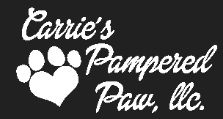 Logo with text "Carrie's Pampered Paw, LLC" and a paw print shaped like a heart.