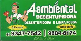 Cartão verde com logo "Ambiental Desentupidora", telefone e serviços de desentupimento 24h.