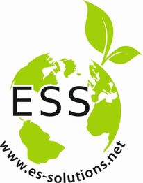Grüner Globus mit dem Schriftzug "ESS" und zwei Blättern. URL: www.es-solutions.net.