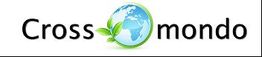Logo mit der Aufschrift "Crossmondo", Erde und Blätter als Teil des Designs.