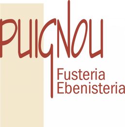 Logo de Puignou Fusteria Ebenisteria, con texto en rojo sobre fondo beige.