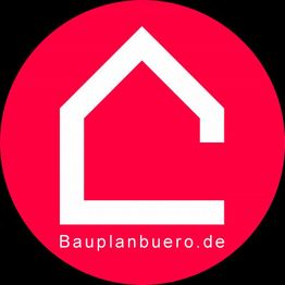 Rotes Logo mit stilisiertem weißen Haus und Text "Bauplanbuero.de".