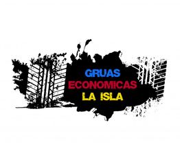 Texto "Grúas Económicas La Isla" en colores azul, rojo y amarillo sobre fondo blanco y negro.