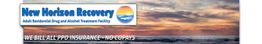 Logo for New Horizon Recovery with sunset over ocean; text: "We bill all PPO insurance - no copays."