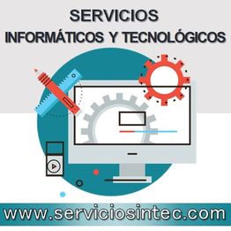 Computadora con engranaje y regla. Texto: Servicios Informáticos y Tecnológicos. Web: serviciosintec.com