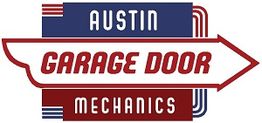 Logo for Austin Garage Door Mechanics in red, white, and blue with arrow shape.