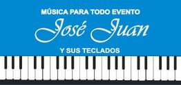 Texto "Música para todo evento, José Juan y sus teclados" sobre un fondo azul con teclado.