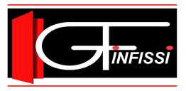Logo con testo "GF INFISSI" su sfondo nero e rosso con un disegno stilizzato di una porta aperta.