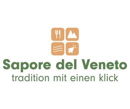 Logo: "Sapore del Veneto", Symbole von Essen, Bergen, Wasser und Glocke, Text: "Tradition mit einem Klick".