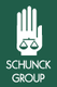 Logo mit Hand, Waage und Text "SCHUNCK GROUP" auf grünem Hintergrund.