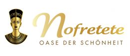 Nofretete-Logo mit goldener Büste und Text "Oase der Schönheit".