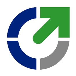 Kreisförmiges Logo mit einem grünen Pfeil, blauen und grauen Segmenten.