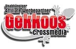Logo mit Text: "Unabhängiger Affiliate Werbepartner Gekkoos crossmedia" und Gecko-Silhouette.