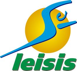 Logo con figura azul estilizada y sol amarillo detrás; texto "leisis" en verde.