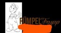 Strichzeichnung eines lachenden Mannes in Latzhose mit "Rümpeltrupp"-Logo rechts daneben.