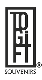 Logotipo en blanco y negro con las palabras "TOGIFT Souvenirs" dentro de un marco rectangular.