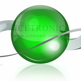 Esfera verde brillante con cintas grises flotantes y texto "ICETRONIC" al fondo.