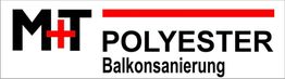 Logo mit Text "M+T Polyester Balkonsanierung" und einem roten Streifen oben.