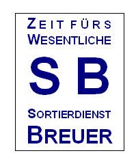 Logo mit Text: "Zeit fürs Wesentliche, SB, Sortierdienst Breuer" in blau.