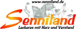 Senniland-Logo mit Hunden, Slogan: "Leckeres mit Herz und Verstand", Website: www.senniland.de.