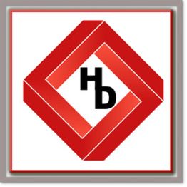 Rotes geometrisches Logo mit den Buchstaben "HD" in der Mitte auf weißem Hintergrund.