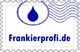 Briefmarke mit blauer Träne, Wellenlinien und der Website "Frankierprofi.de" in Blau.