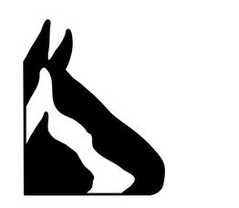 Schwarz-weiße Silhouette eines Pferdekopfes mit stilisierten Konturen auf weißem Hintergrund.