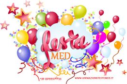 Immagine colorata con palloncini, stelle e scritta "festa MED". Contatti e sito web in basso.