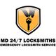 Shield logo with a hand holding a key, text: "MD 24/7 Locksmiths Emergency Locksmith Service."