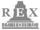 Logo von REX Immobilientreuhand, graue Schrift mit Gebäudesilhouette im Hintergrund.