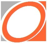 Kreisförmiges, orange-graues Logo mit weißem Zentrum.