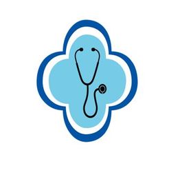 Icono de estetoscopio en cruz azul, símbolo de atención médica o salud.