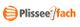 Logo mit Text "Plissee1fach" in Grau und Orange, links ein stilisiertes Plissee-Symbol.