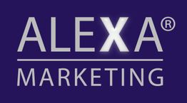 Logo mit dem Text "ALEXA MARKETING" auf dunkelblauem Hintergrund, das X leuchtet.