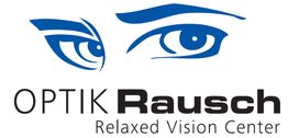 Zeichnung von blauen Augen über dem Text "OPTIK Rausch Relaxed Vision Center".