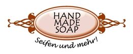 Ovales Logo mit Text: "Handmade Soap" und "Seifen und mehr!" in Braun- und Beigetönen.
