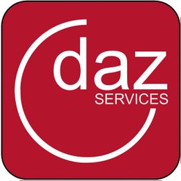 Rotes Quadratlogo mit weißem Text "daz SERVICES" und kreisförmigem Bogenelement.