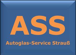 Blaues Schild mit orangefarbenem Text: "ASS Autoglas-Service Strauß".