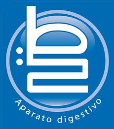 Logotipo azul con texto "Aparato digestivo" y símbolo blanco estilizado en el centro.