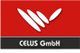 Rotes Logo von CELUS GmbH mit weißen ovalen Formen darüber.
