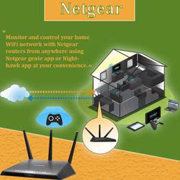 Illustration of a Netgear router, apps, and connected smart home devices.