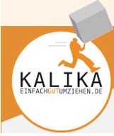 Logo von Kalika mit Slogan "Einfach gut umziehen" und einer springenden Figur mit Karton.