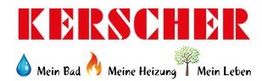 Logo mit rotem Schriftzug "KERSCHER", Tropfen, Flamme, Baum, Text: "Mein Bad, Meine Heizung, Mein Leben".
