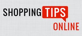 "Shopping Tips Online text on a textured gray background with a red speech bubble around 'TIPS'."