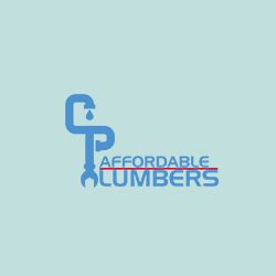Logo with a faucet wrench forming "CP Affordable Plumbers" text in blue on a light background.