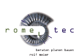 Logo mit Spiraldesign und Text: "romeo tech, beraten planen bauen, rolf meier".