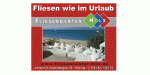 Rotes Banner mit Strandbild und der Aufschrift "Fliesen wie im Urlaub – Fliesencenter Hils".