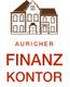 Zeichnung eines Gebäudes mit Text "Auricher Finanz Kontor" in roter Schrift darunter.